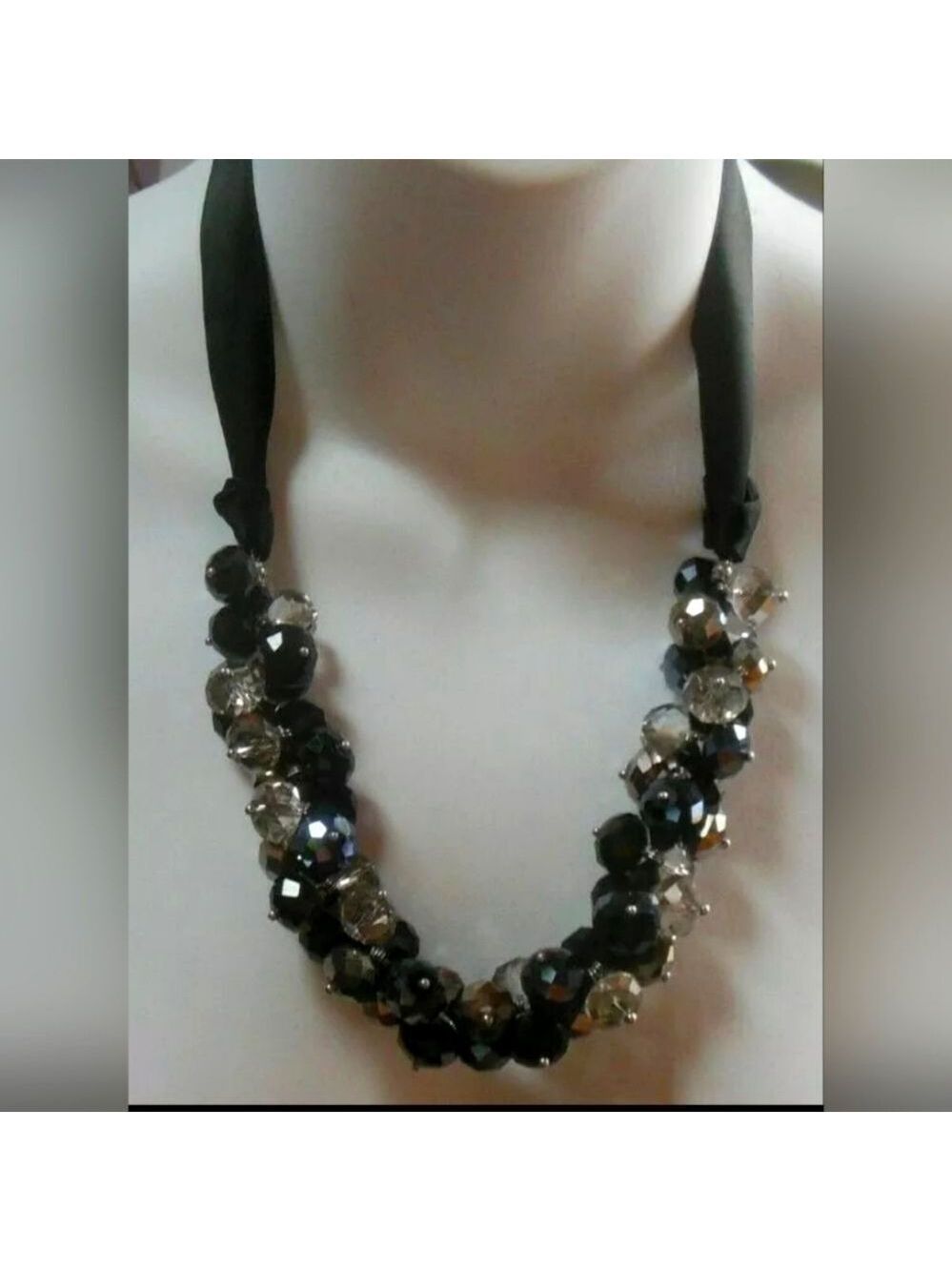 Ali-Kahn N.Y. Crystal Cluster Bead Necklace Black Silver Clear Ribbon Adjustable